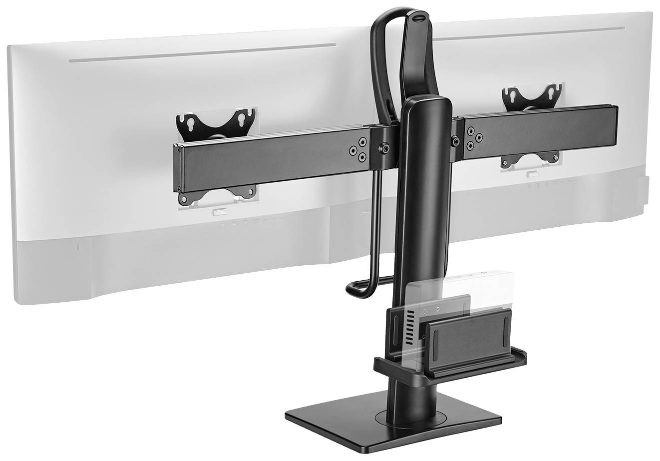 A black dual-monitor stand with cable management hooks and a mounting bracket for smaller devices. Two monitor positions are visible.