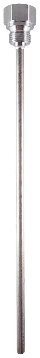Metallic thermowell with a hexagonal base and long shaft, used to protect temperature sensors in industrial applications.