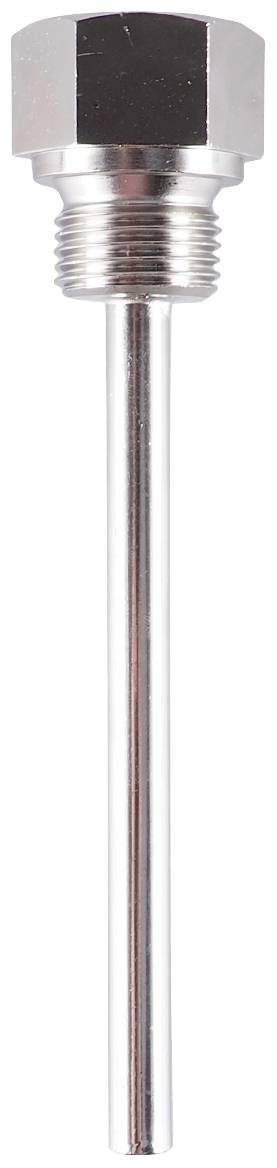 Metallic pipe with threading and a hexagonal cap, possibly a temperature probe or sensor, isolated on a white background.