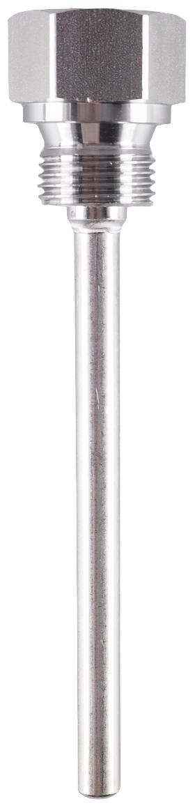 Metallic thermocouple sleeve for accommodating a sensor pin, with a hexagonal threaded connection at the top and a long, smooth shaft.