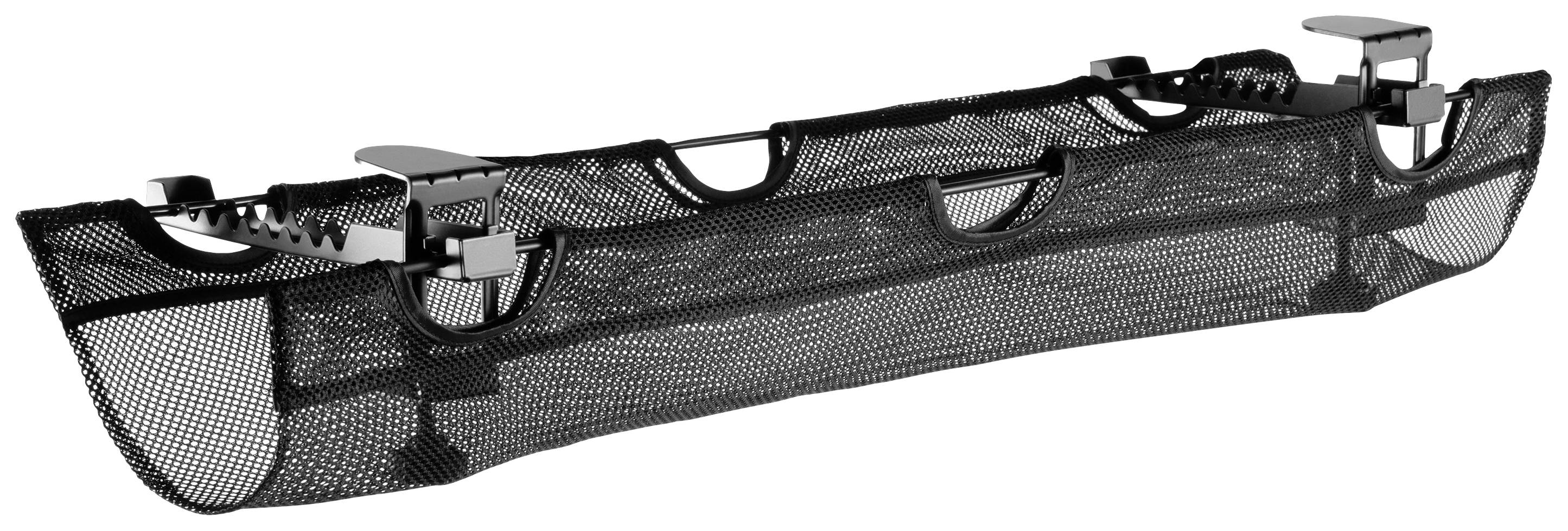 A black net to be attached to the back of a car seat. It is used for securely storing smaller items during travel.