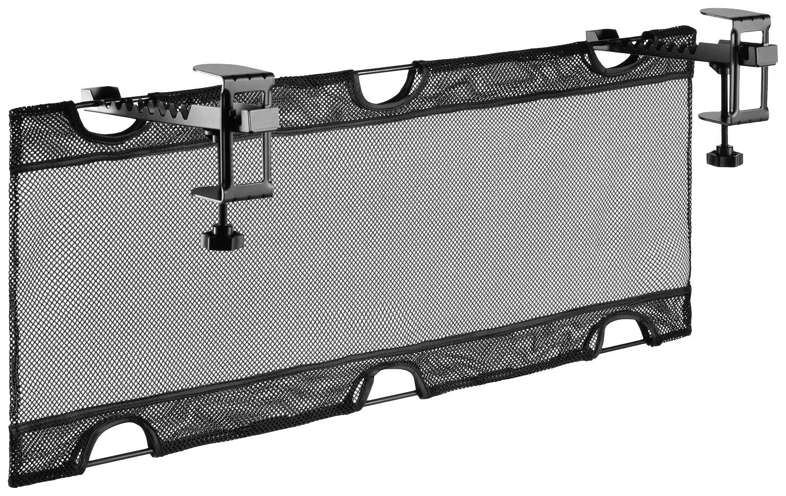 A suspended filing rack made of black metal wire mesh with two mounting clips at each end, suitable for office desks.