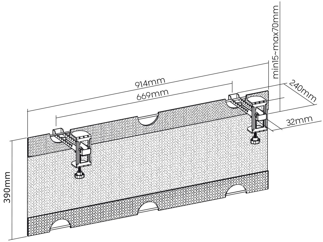 Technical drawing of a wall anchor. Dimensions: Width 914mm, Height 390mm, Anchor placement between 15mm-70mm.