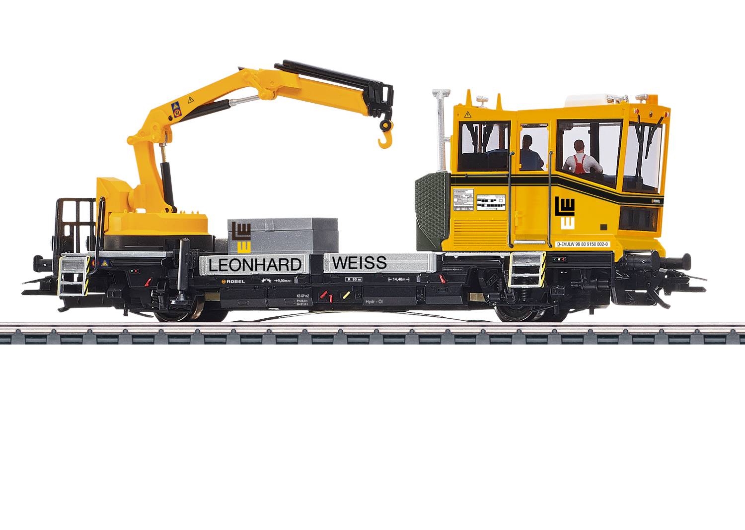 Railway maintenance vehicle on tracks, yellow and black with a crane, bearing the 'LEONHARD WEISS' logo and a cabin for two people.