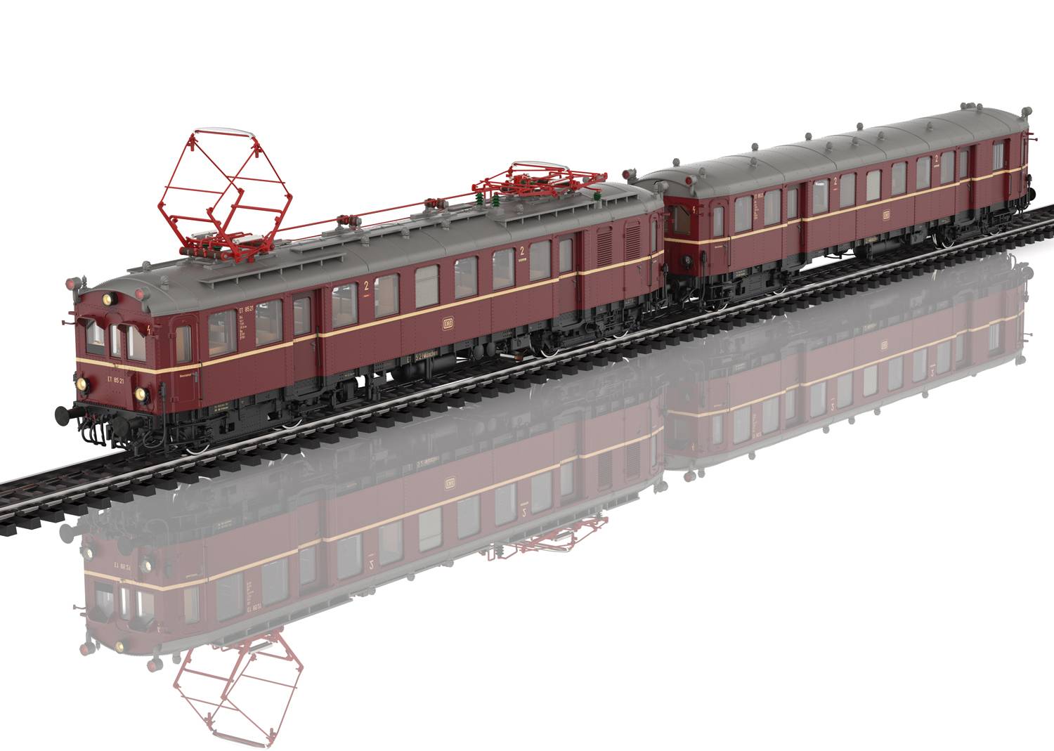 Train model on rails with two carriages, in a glossy dark red colour and with detailed reproduction of pantographs on the roof.