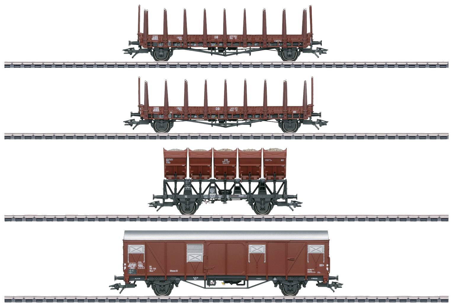 Three different types of freight wagons on railway tracks. At the top, an open wagon with wooden supports, in the middle a bulk freight wagon, at the bottom a covered wagon.