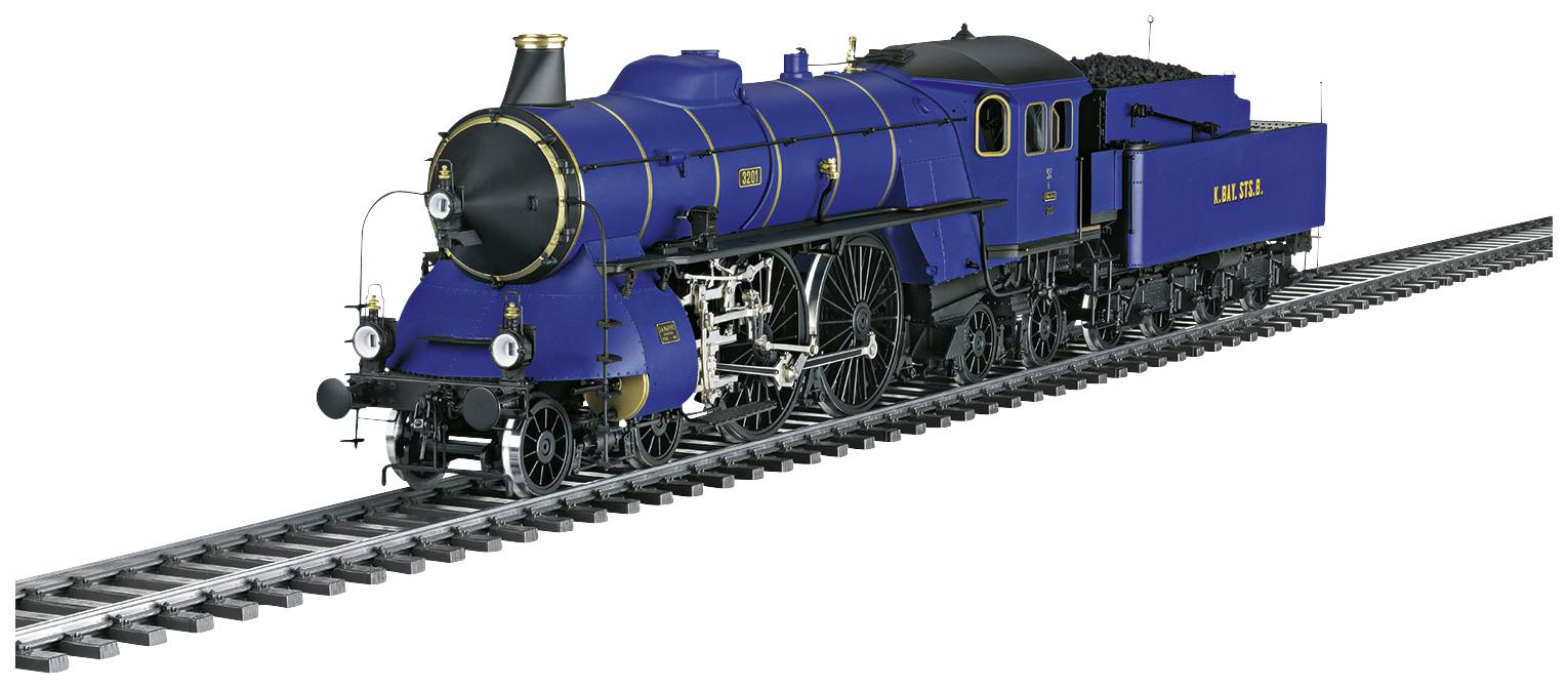 A detailed model of a blue steam locomotive on a track, with striking gold and white accents and the label 'LGB 24042'.
