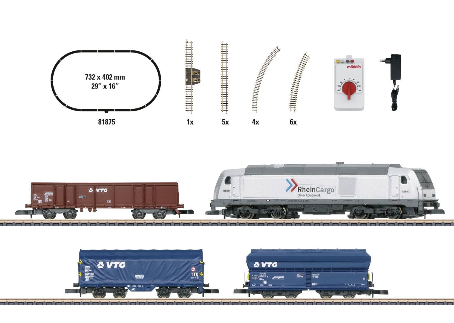 Model railway with an oval track, two goods wagons, one locomotive and accessories. Locomotive featuring 'RheinCargo' logo.