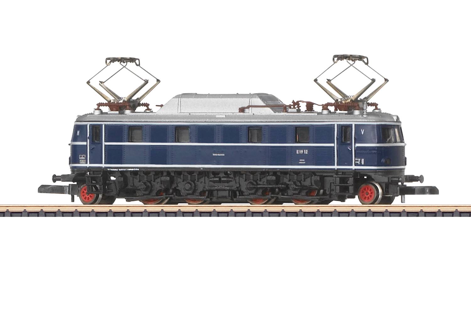 Blue electric locomotive on tracks with two pantographs, side view.