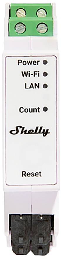Device with LED indicators for 'Power', 'Wi-Fi', 'LAN' and 'Count'. Labelled with 'Shelly'. Reset button located underneath.