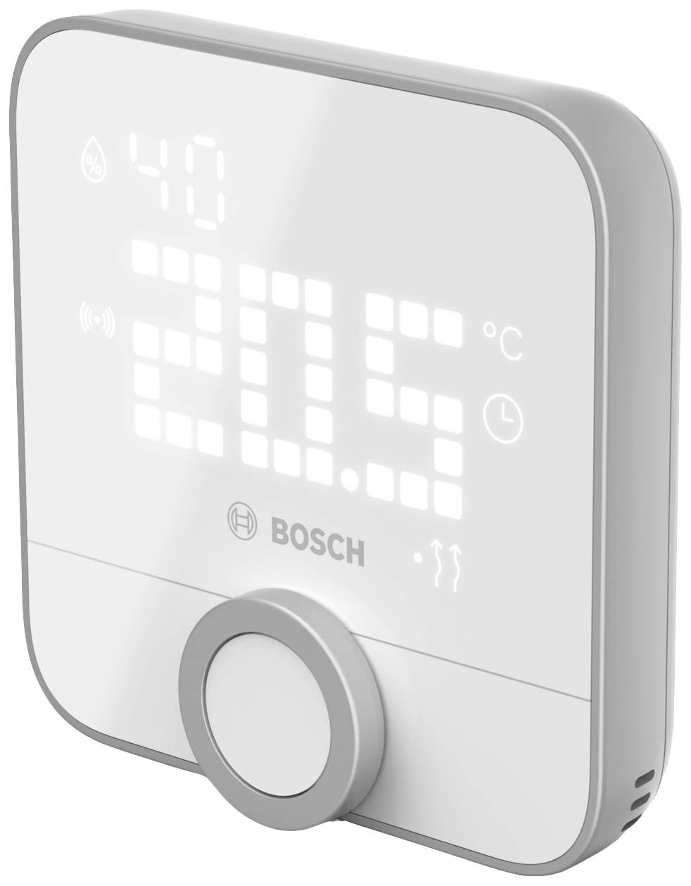 A digital Bosch thermostat displays a temperature of 20.5 °C. A signal for Wi-Fi reception is visible in the top left corner.