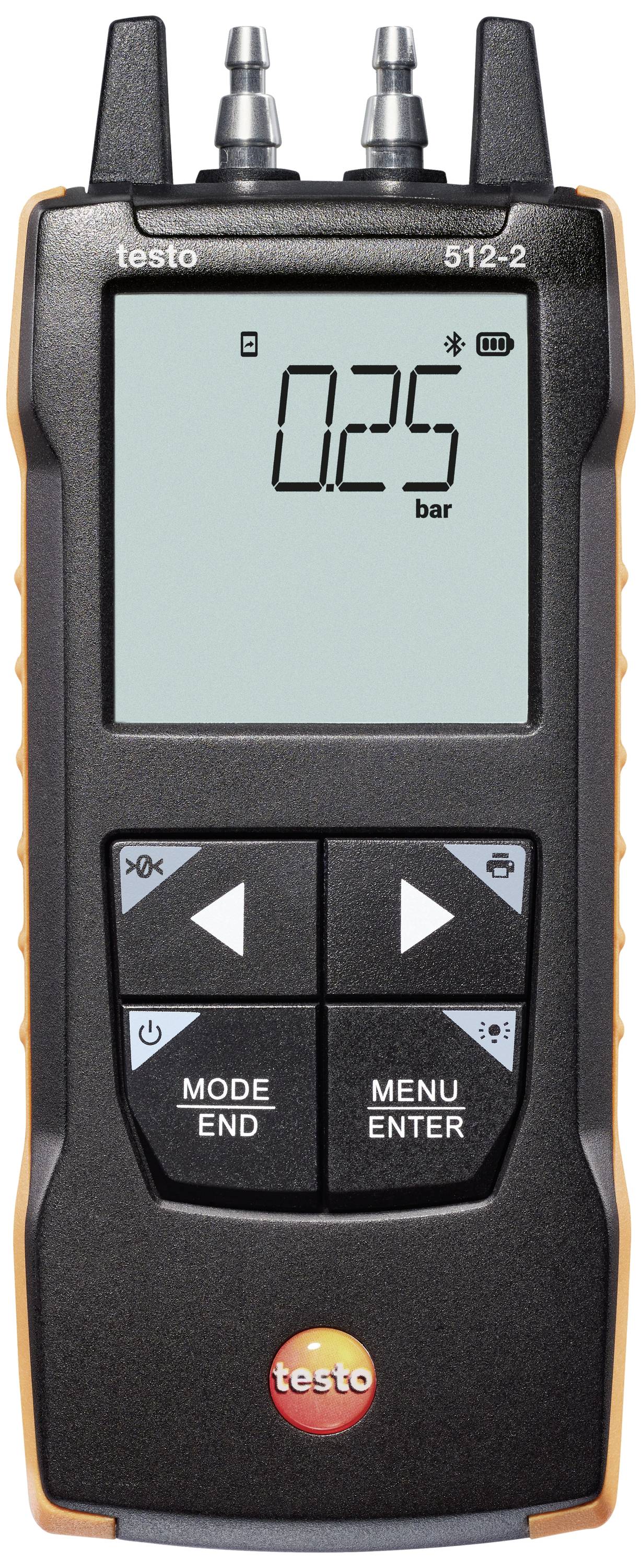 A digital pressure gauge displays '0.25 bar' on the screen. The device has buttons for mode and menu.