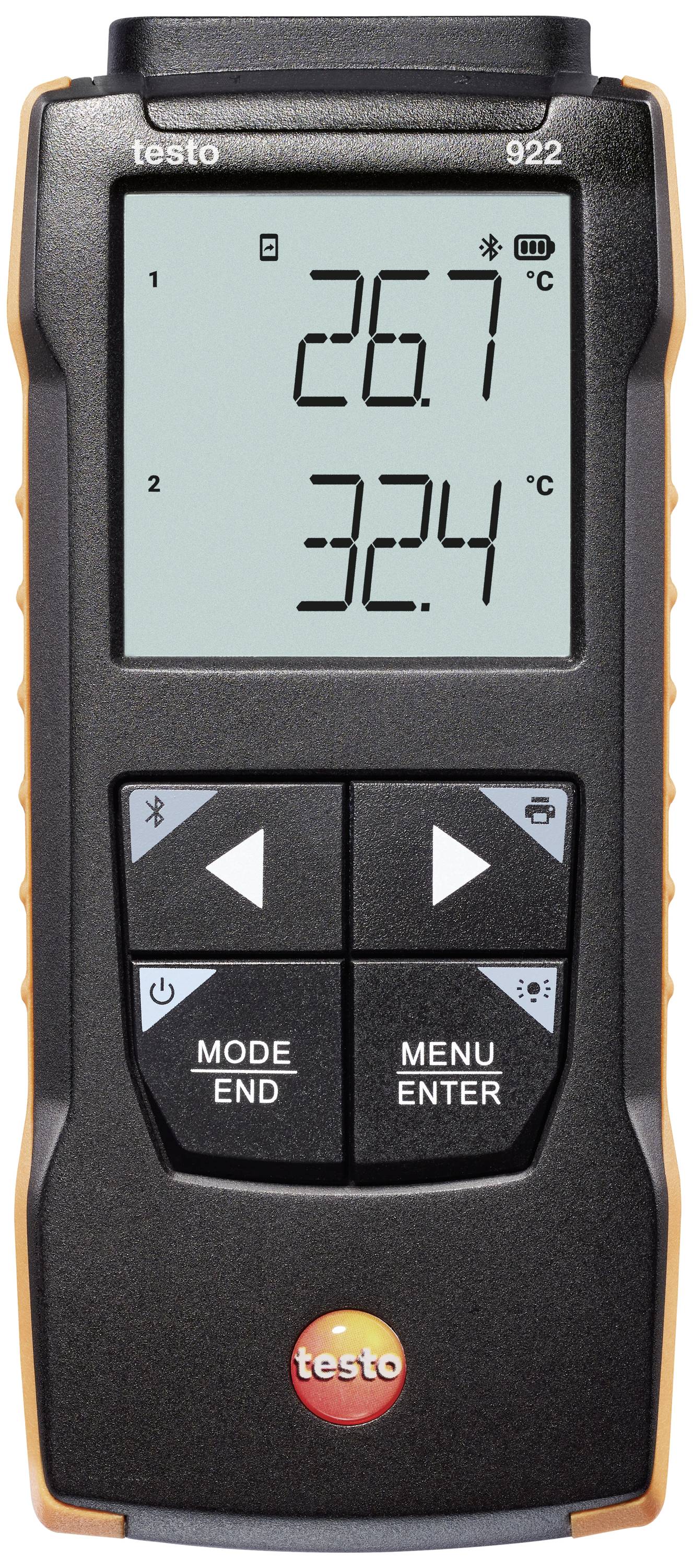 Digital thermometer device with two temperature displays: '26.7 °C' and '32.4 °C'. Large display with control buttons beneath.