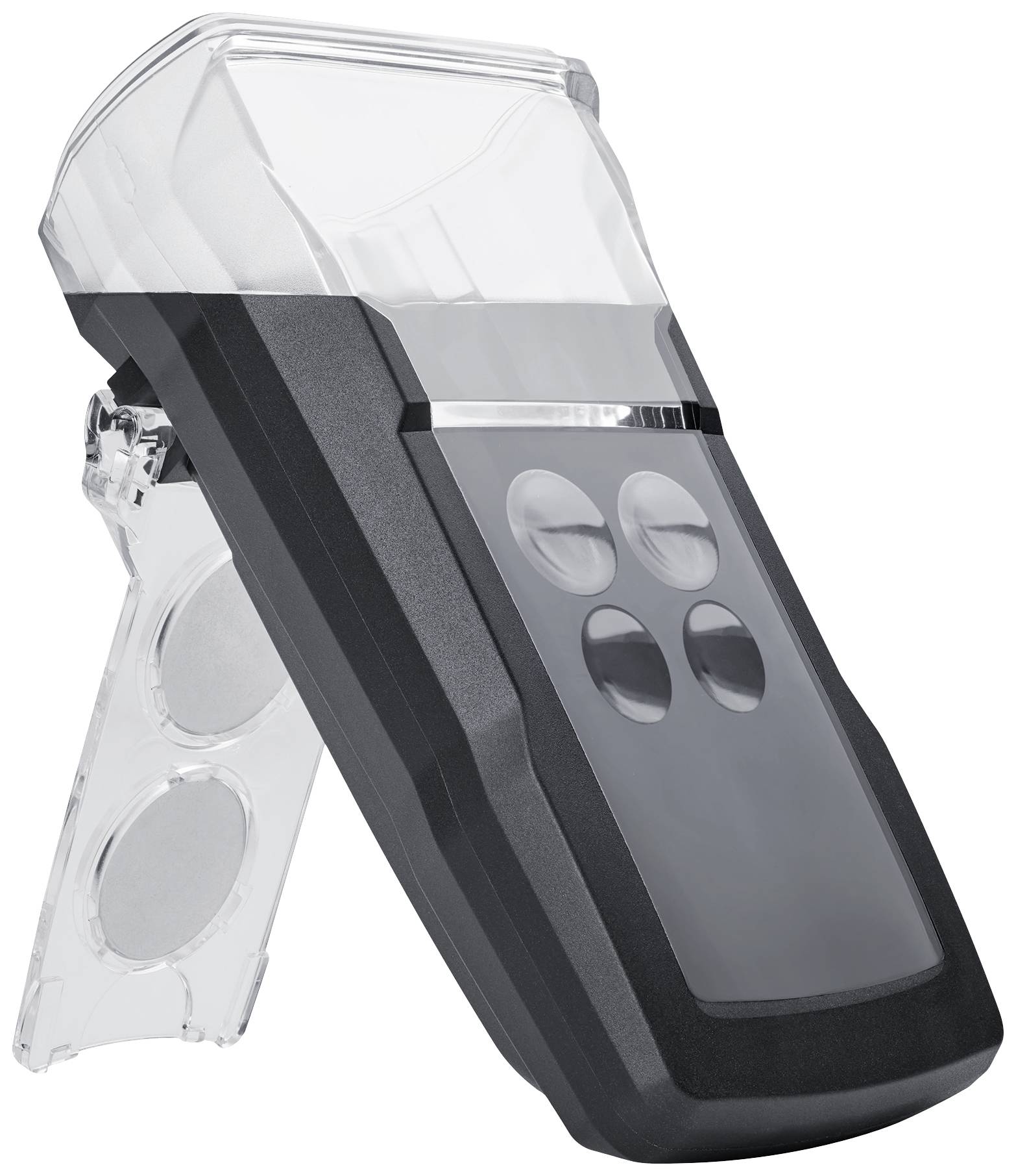 A portable electronic device with a transparent upper section and four large buttons on the front, shown at an angle.