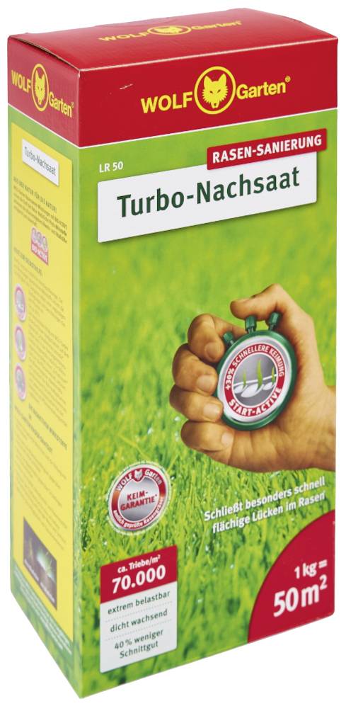Pack of lawn seed from Wolf Garten, 'Turbo Re-seeding', for lawn renovation. Application: covers 50 m², 1 kg, high resilience.