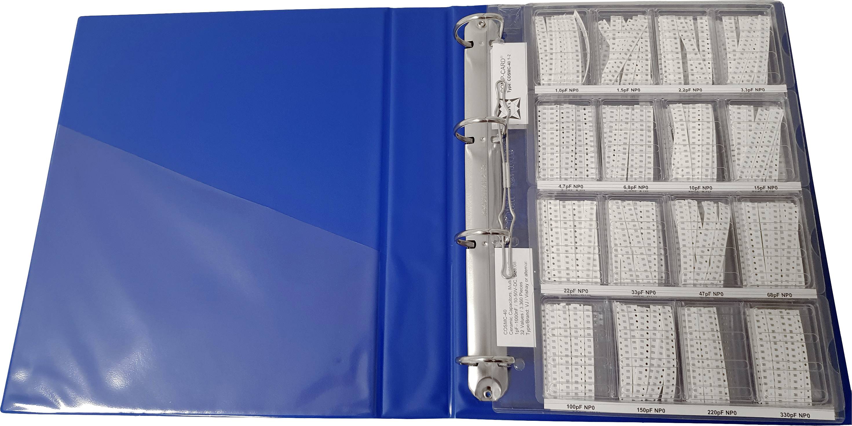 A blue folder containing a collection of fabric or textile samples in compartments.