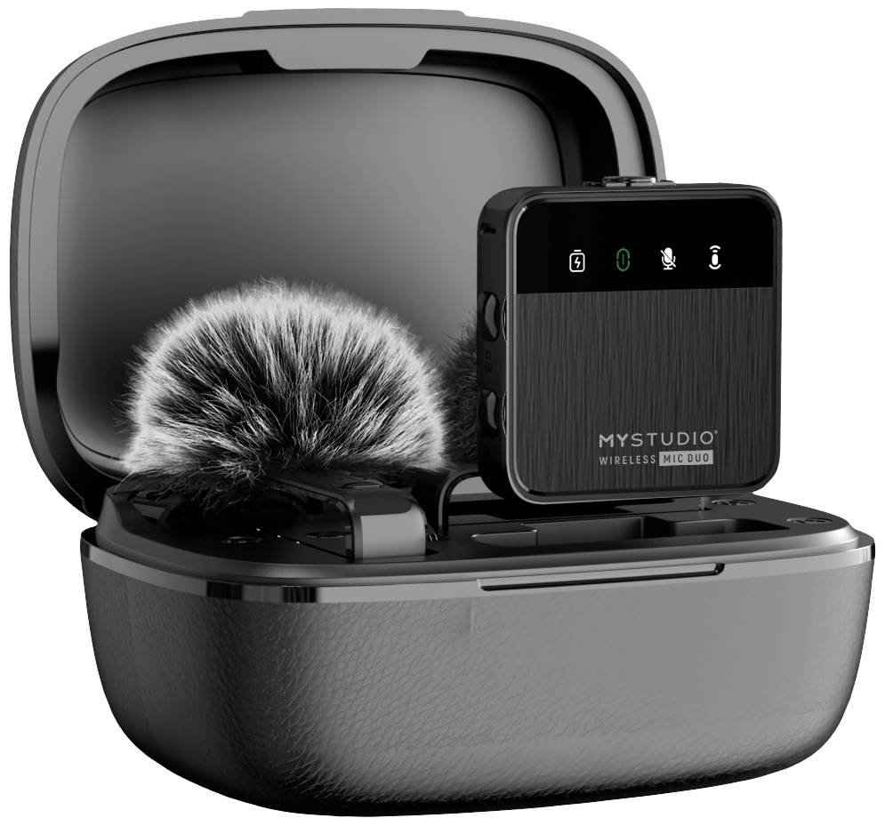 Black wireless microphone with shaggy windscreen and charging station. Text on microphone: 'MYSTUDIO WIRELESS MIC DUO'.