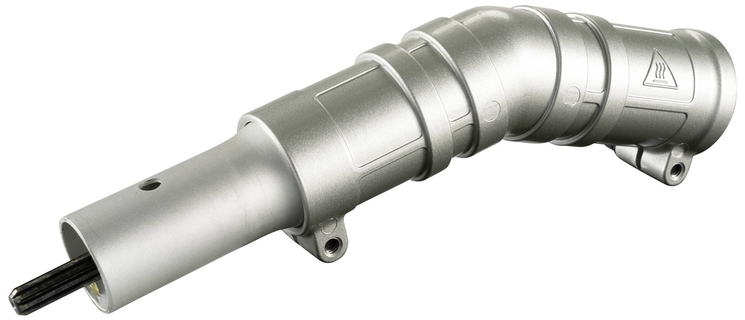 Metallic, curved tubular body with cables, serving as part of a technical device or machine.Metallic, curved pipe body with cables, functioning as a component of a technical device or machine.