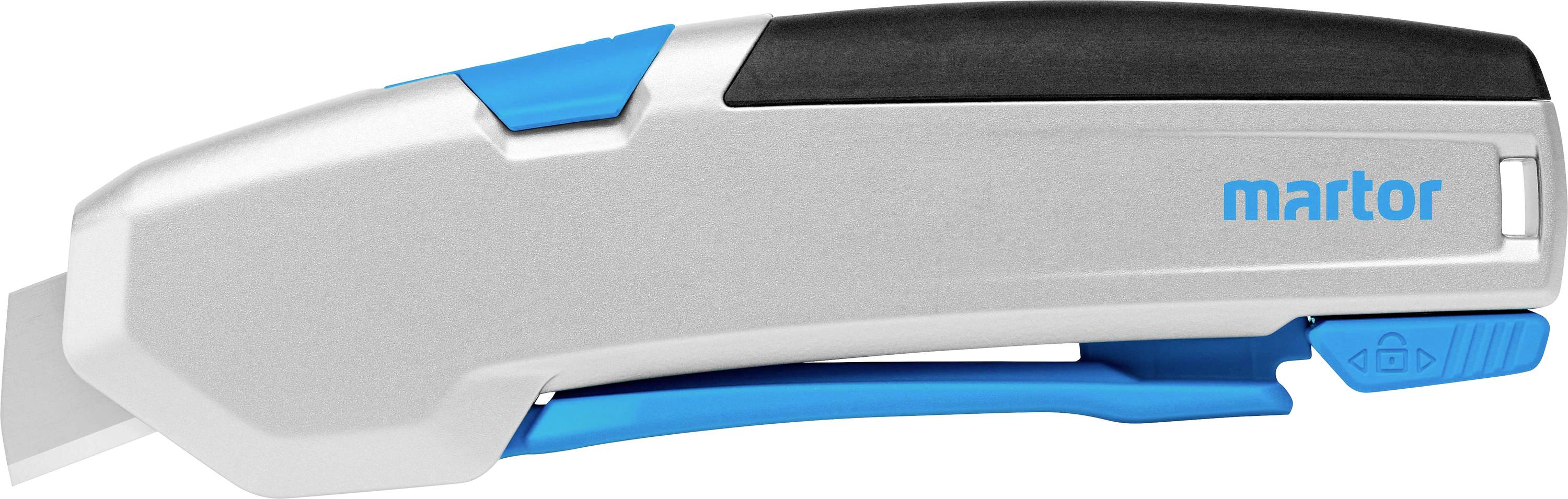 Grey-blue safety knife with a black handle, printed with 'martor'.