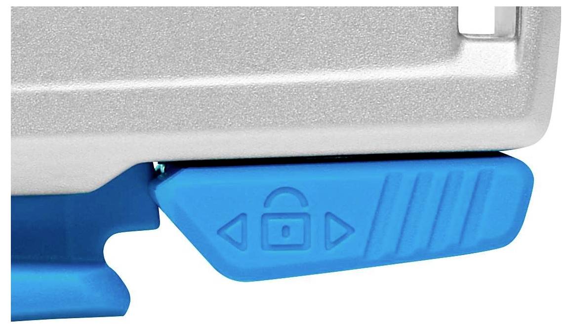 Close-up of a blue printer lever switch with a lock symbol. The lever allows for locking and releasing components.