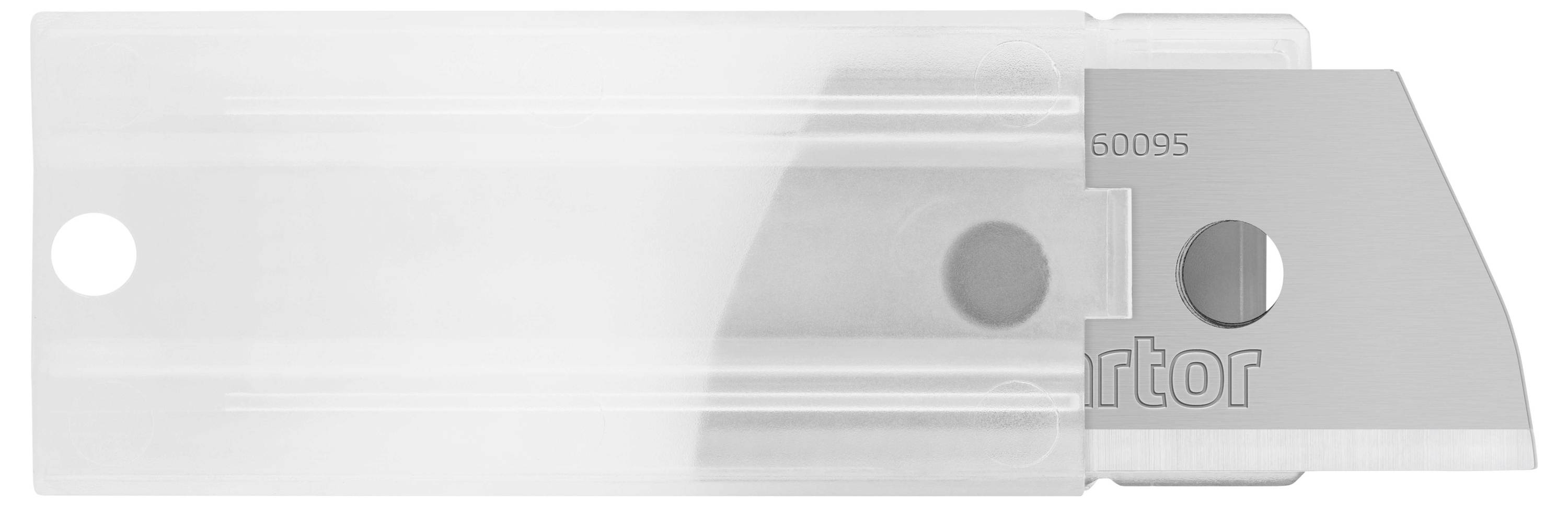 A grey metal blade with a round opening is partially obscured by a transparent plastic cover.