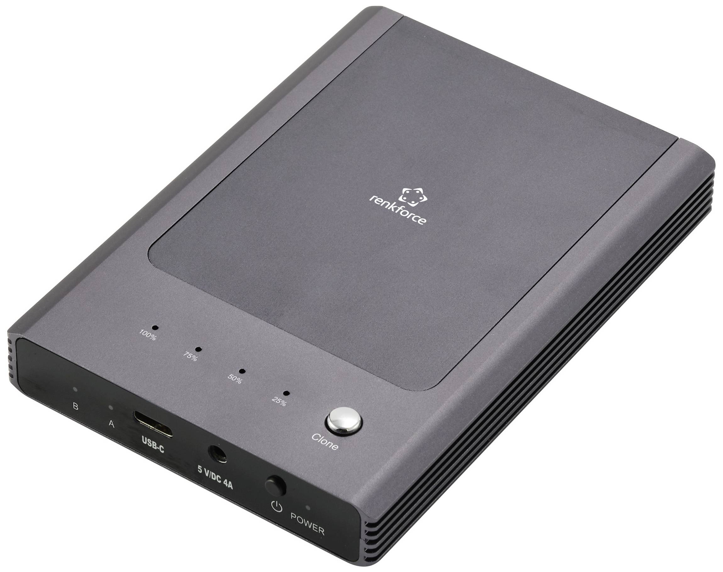 External hard drive enclosure with USB-C connection and status LEDs. Suitable for 2.5