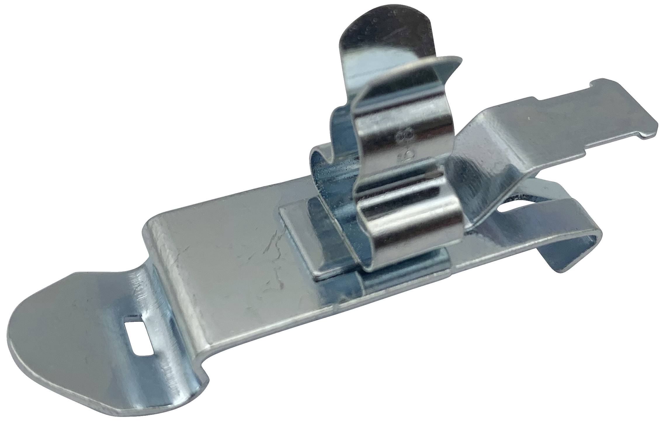 Metal clip made from shiny material, with a curved spring mechanism. Used for holding or fastening objects.