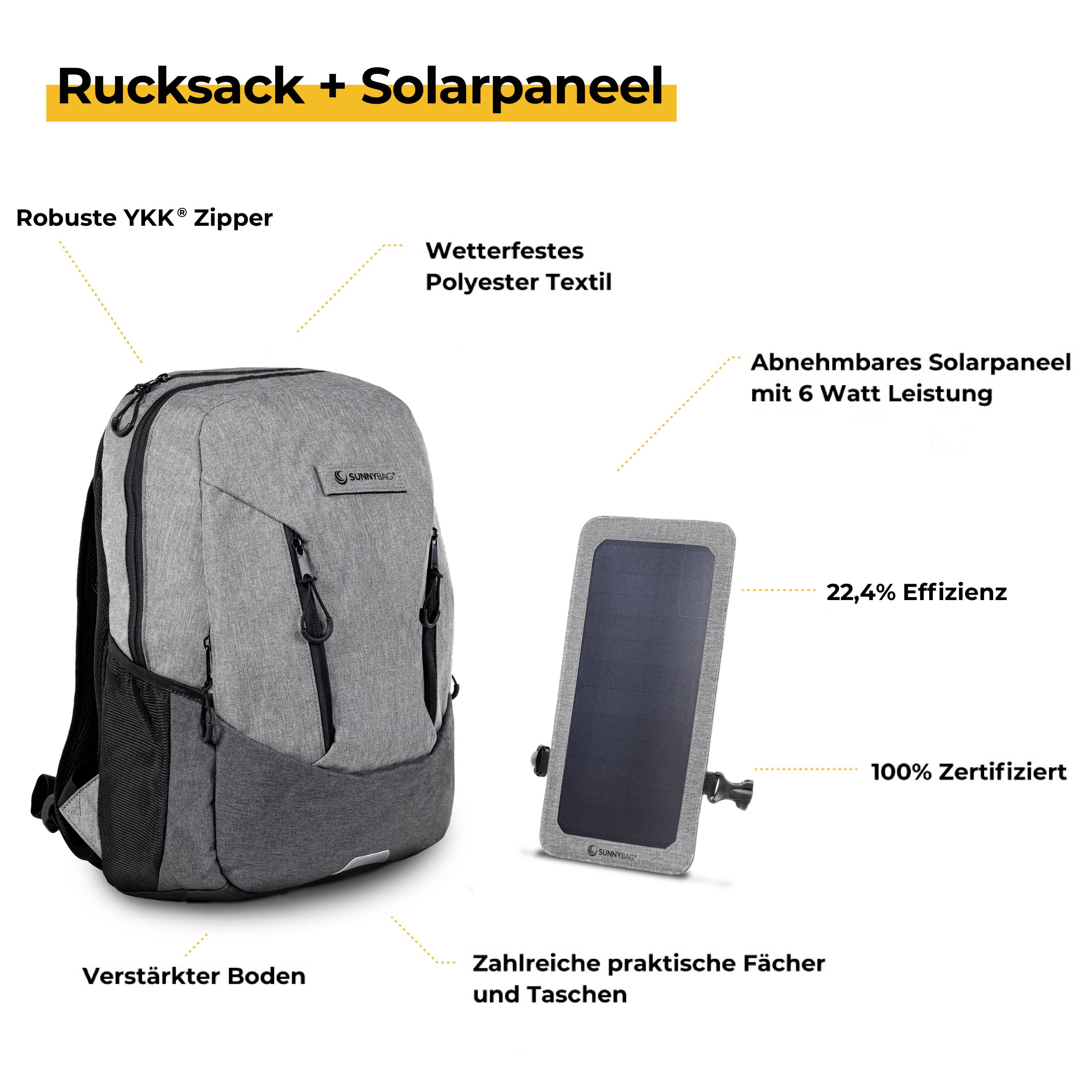 Rucksack with detachable solar panel, 6-watt power, 22.4% efficiency. Robust polyester, multiple compartments. Weatherproof and certified.
