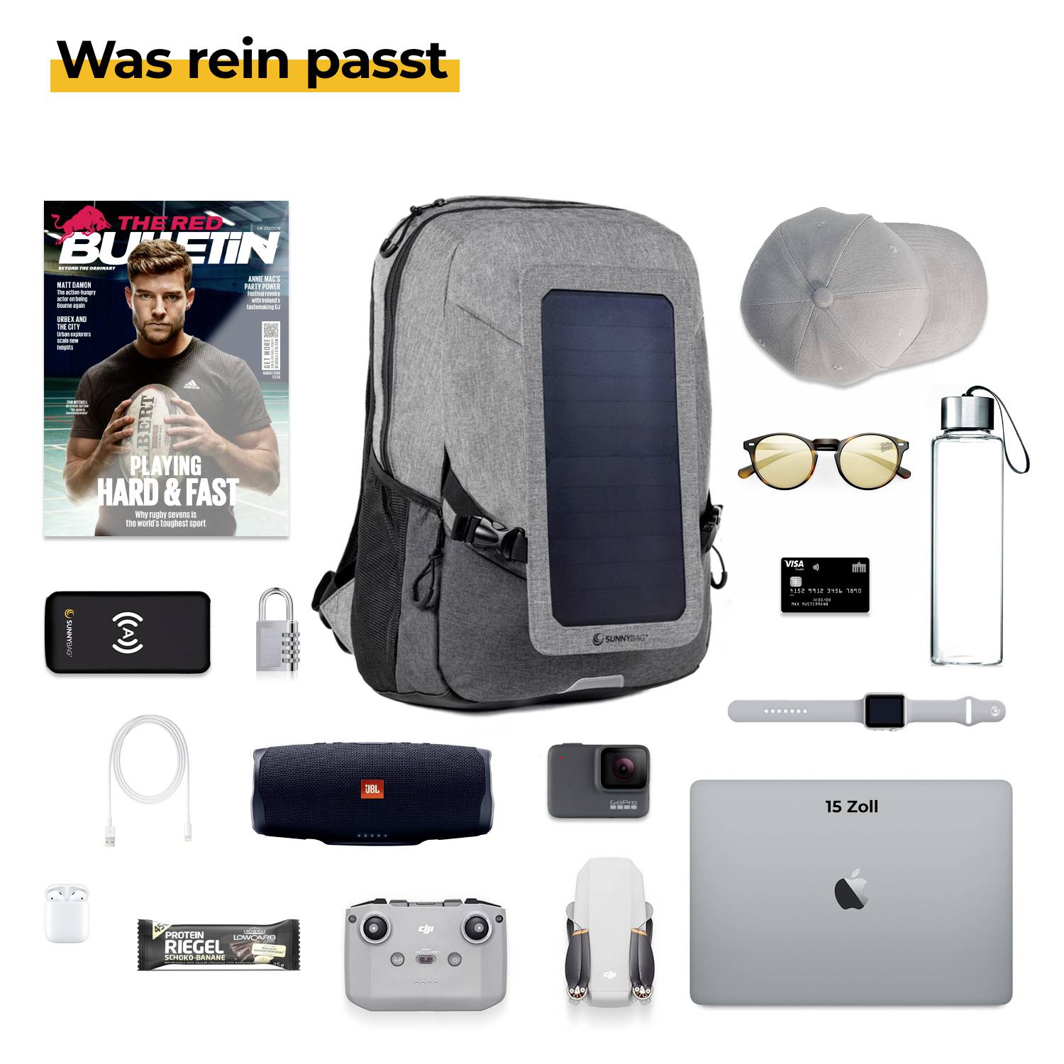 'What Fits' shows a rucksack with a solar panel, surrounded by accessories such as a magazine, laptop, headphones, camera, water bottle and sunglasses.