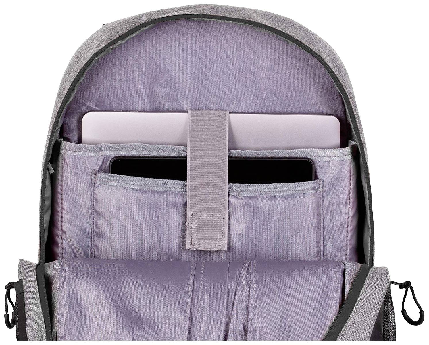 An open grey rucksack with two electronic devices, a laptop and a tablet, placed in separate compartments.