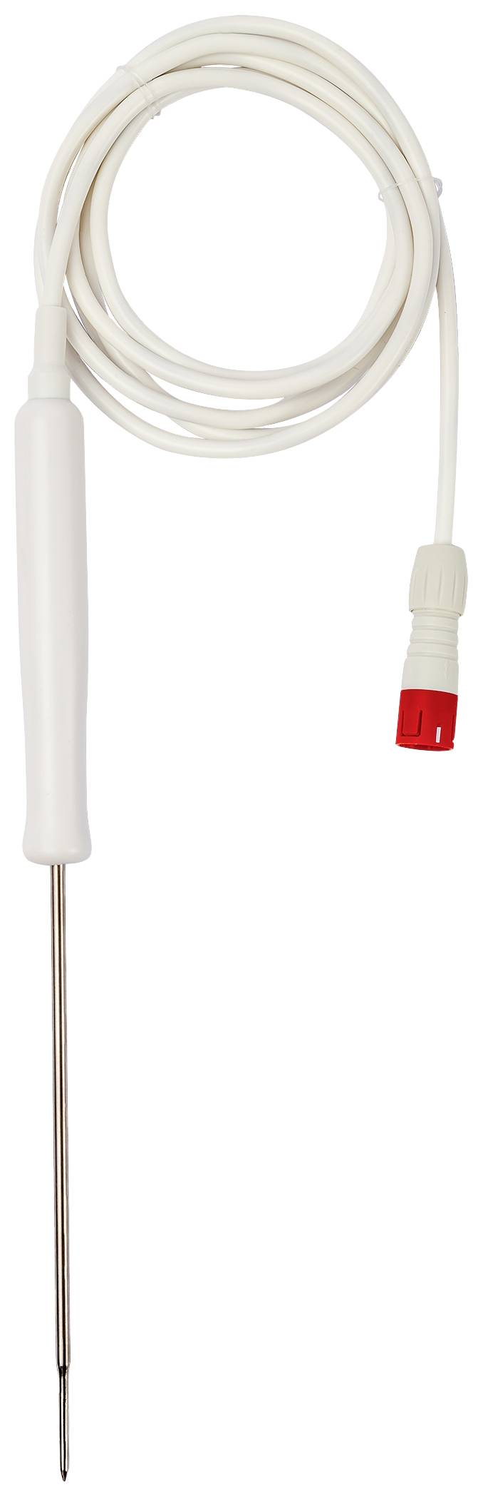 A white cable with a red plug is connected to a thermometer. The thermometer has a long metal probe.