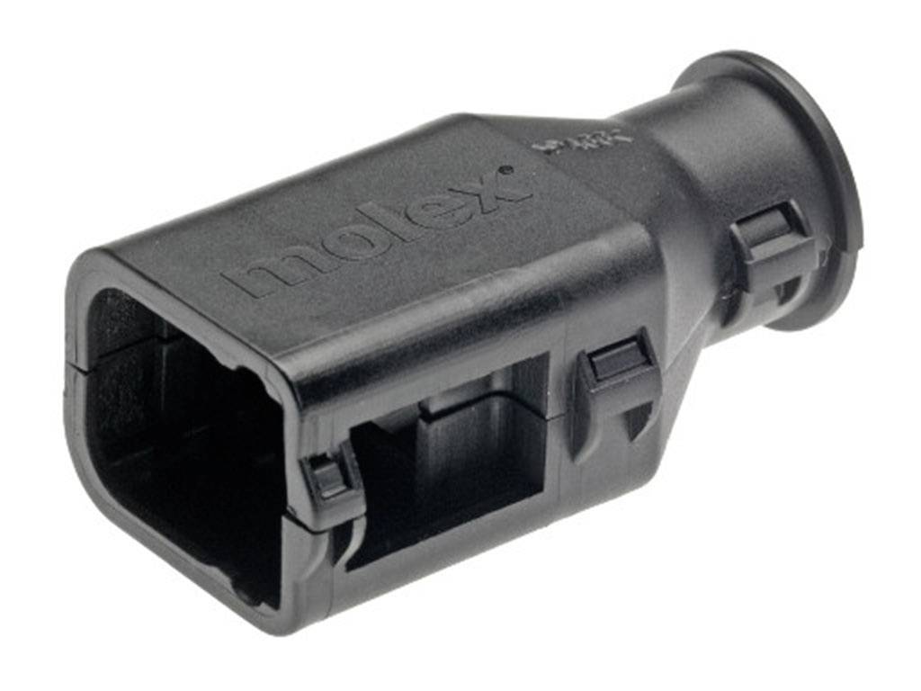 A black plastic plug with the 'molex' print. The plug has a rectangular shape with latches on the sides.