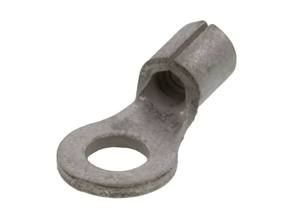 Metal ring cable lug with a single hole for mounting, used for connecting cables with screw connections in electrical applications.