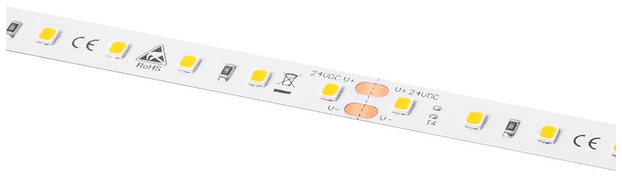 LED strip with yellow-illuminating diodes, CE marking and warning notices on a white carrier, for lighting purposes.