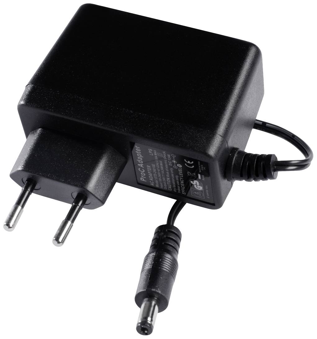 Black plug-in power supply with Euro plug and DC output cable, suitable for electronic devices.