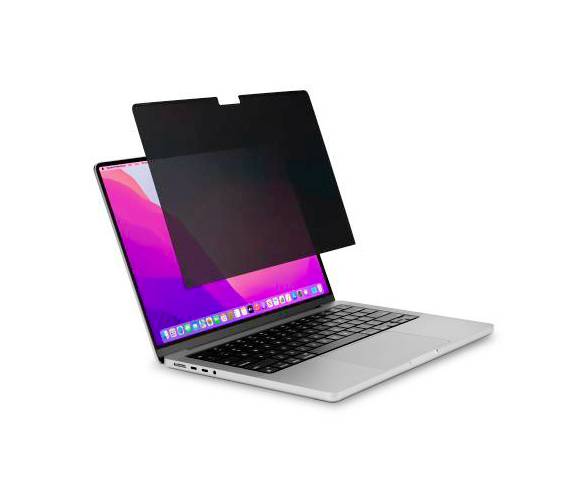 Laptop with an anti-glare protective screen film to reduce reflections. Screen displays a colourful background.