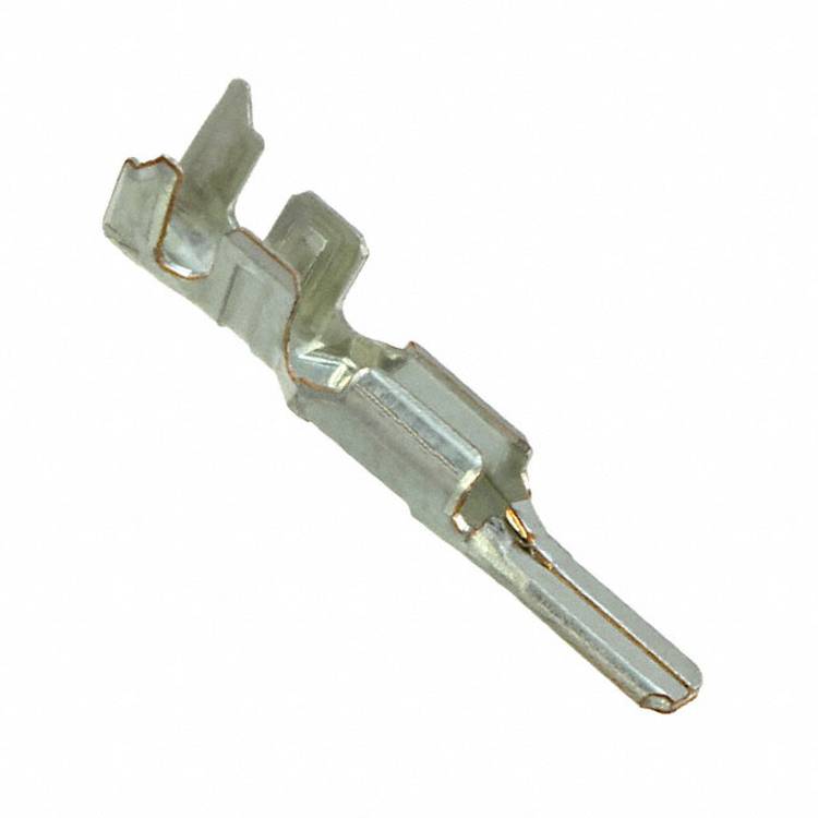 A metal connector terminal, small and silver, with a crimped design, used for electrical connections in automotive or electronic components.