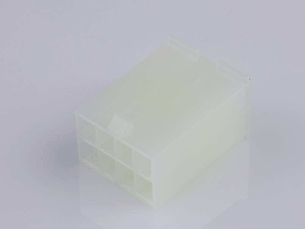 A white, six-pin plug, commonly used in computer power supplies, is lying on a white surface.
