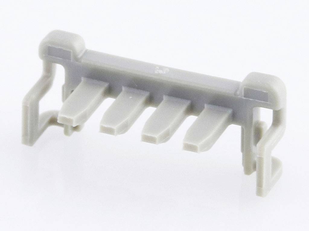 Grey plastic component with four flat pins, possibly a technical part, on a white background.