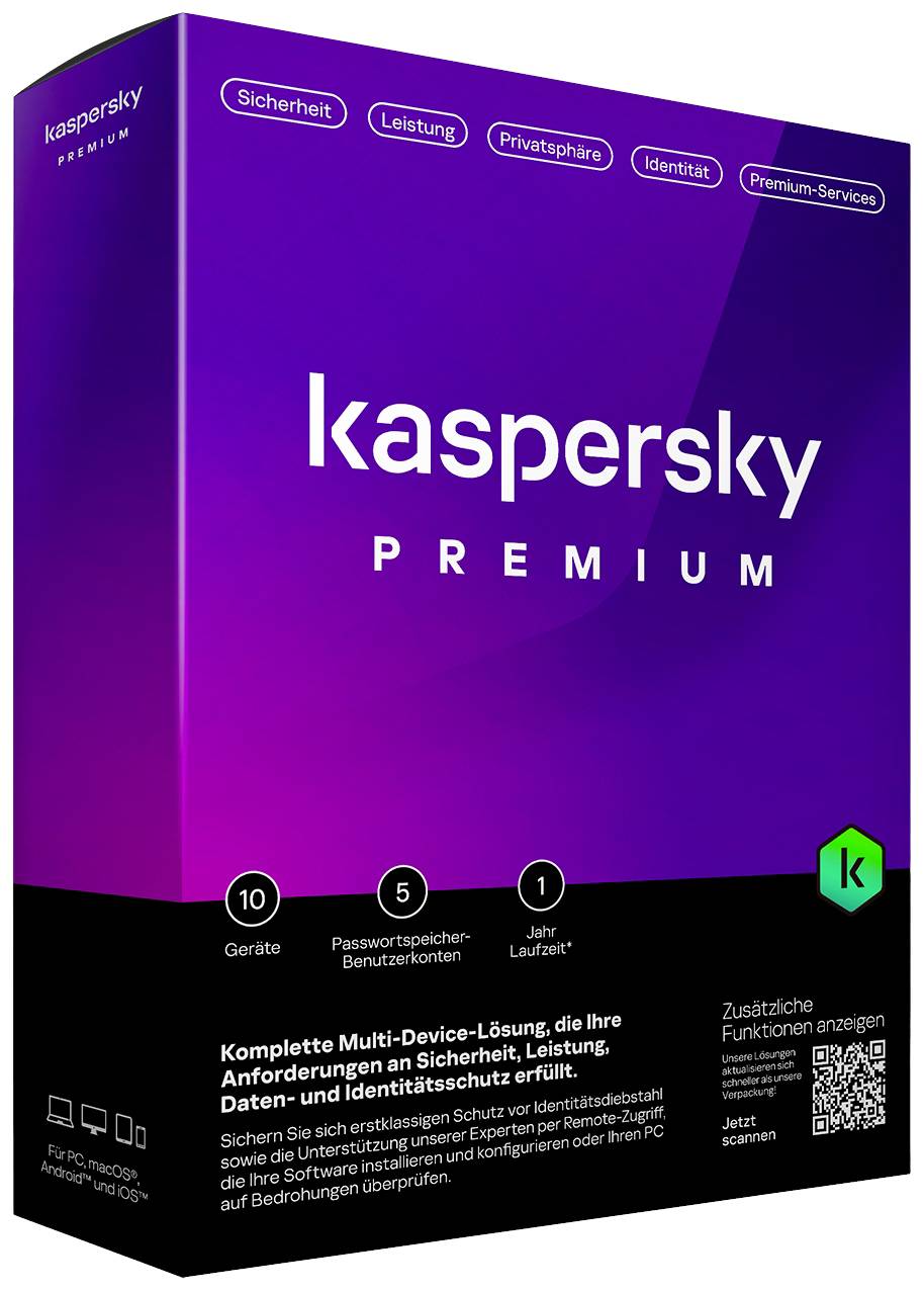 Kaspersky Premium Software Package. Provides security for 10 devices, password protection and privacy for one year.