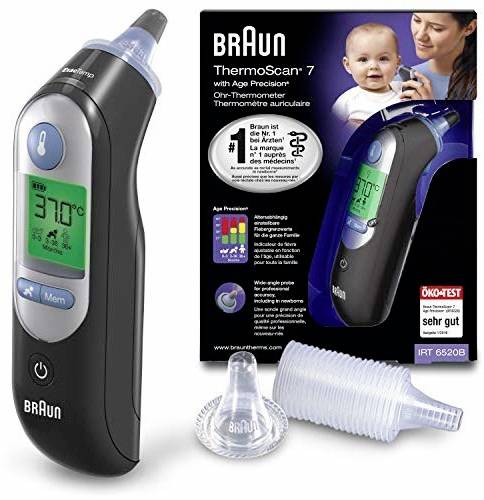 Braun ThermoScan 7 ear thermometer and packaging with an image of a baby; display shows 37°C; including lens filters.
