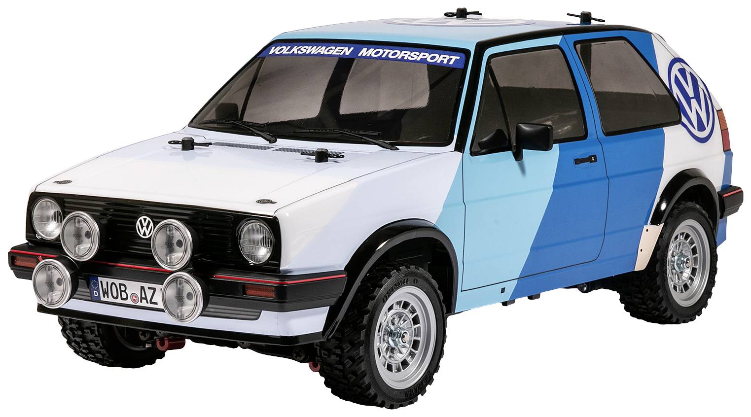 A model car of a VW Golf with motorsport paintwork, fitted with comprehensive lighting at the front and a VW logo on the side.