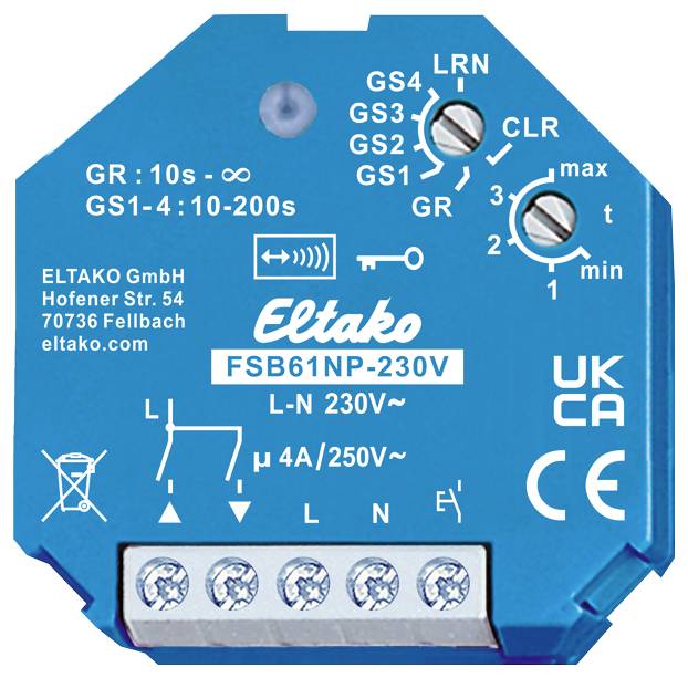 Blue Eltako impulse switch with multiple switches and screw terminals. Inscription: 'FSB61NP-230V L-N 230V~ 4A/250V~'.