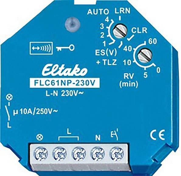 Blue Eltako FLC61NP-230V Switching Actuator. Shows voltage, switching levels and connections. Used for controlling electrical devices.