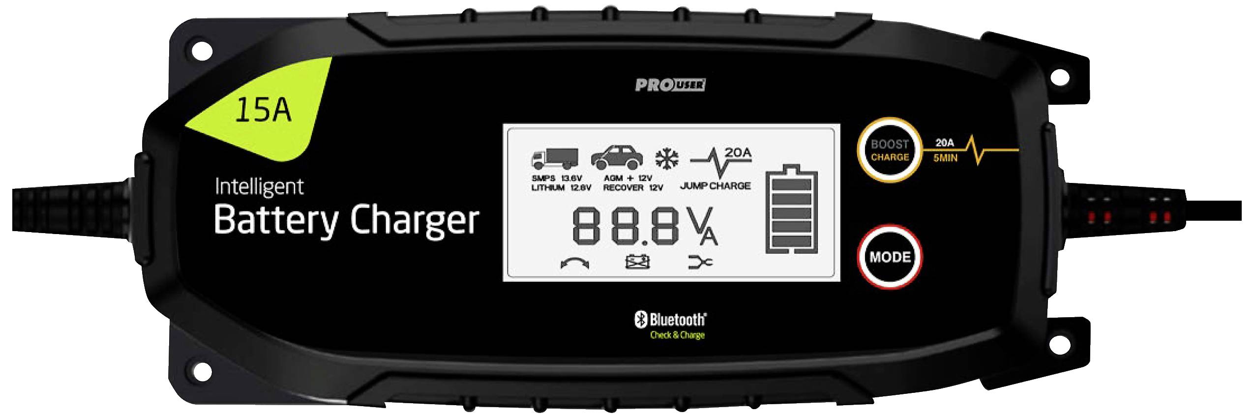 An intelligent battery charger with 15A, showing a charge status of 88.8%. It is Bluetooth-enabled and has various operating modes.