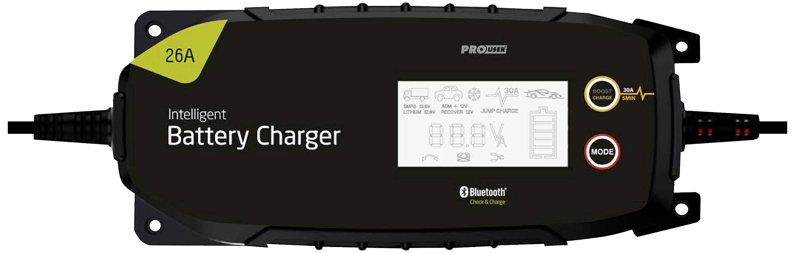 Intelligent Battery Charger 26A with Bluetooth, Mode Display on Screen. Features Multiple Charging Functions.