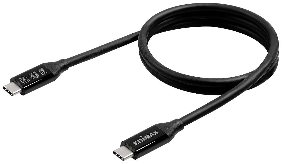 A black USB-C cable with text printed on the connectors.