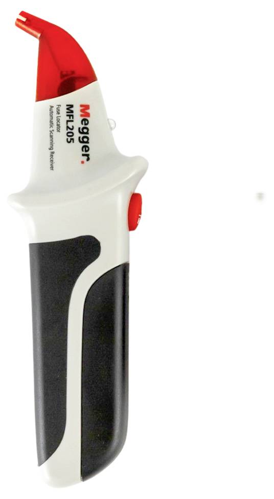 Electronic testing device for checking electrical conductors, white with black handle and red tip, brand 'Megger'.