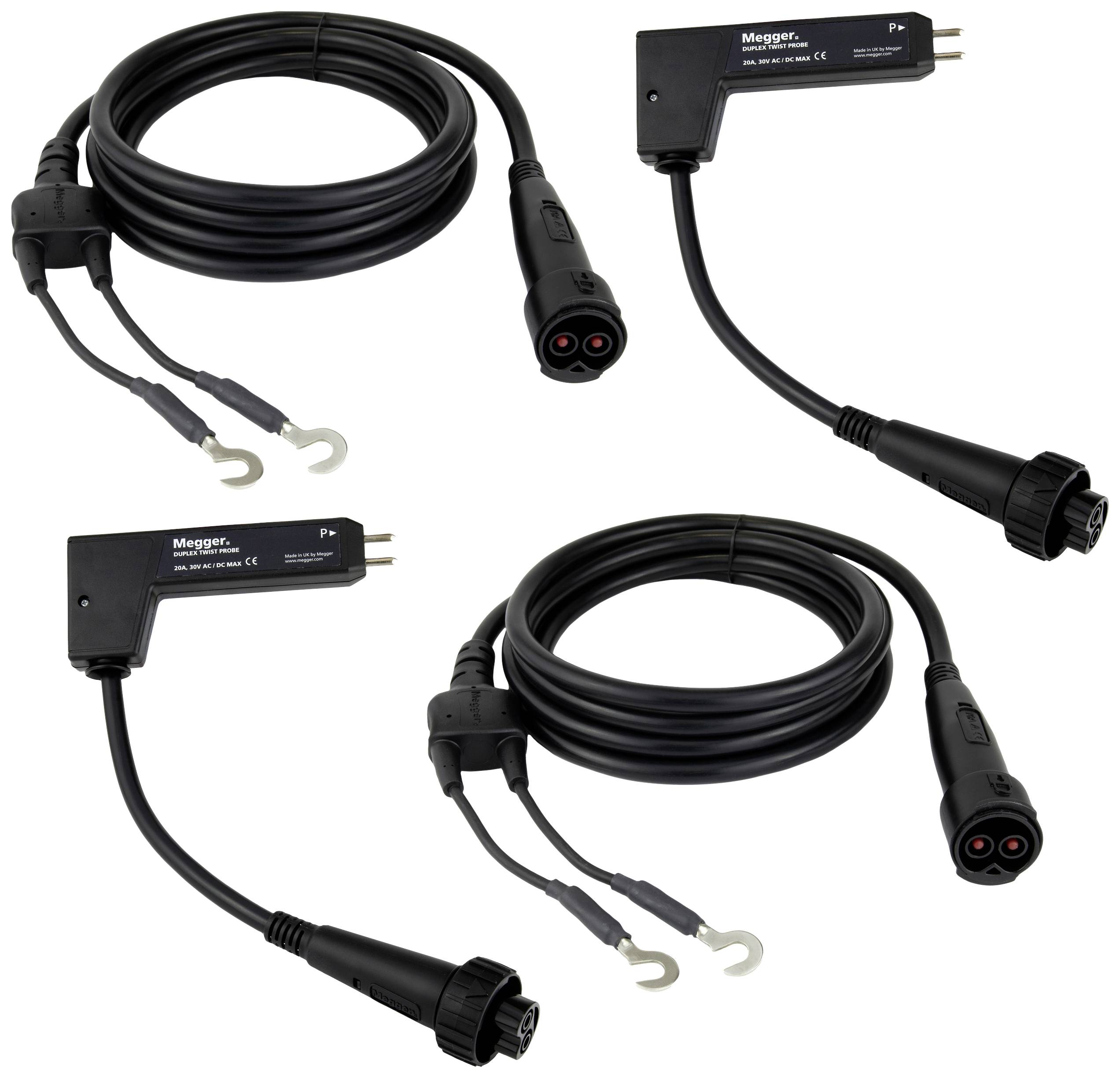 Three black cables with plugs, each connected to a rectangular adapter. Suitable for electrical testing.