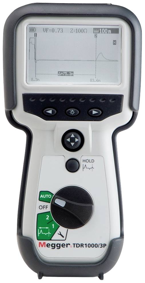 A portable device for measuring cable lengths and error positions. The screen displays graphical measurement data.